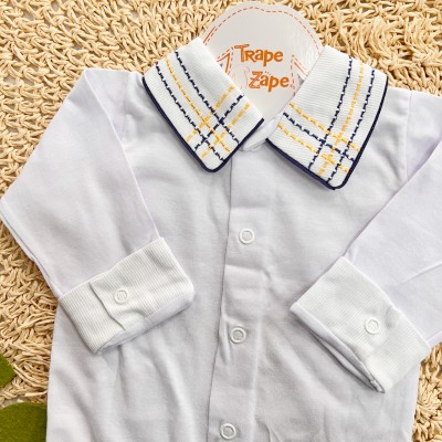 Body Gola Bordada - Pontilhado Marinho e Mostarda